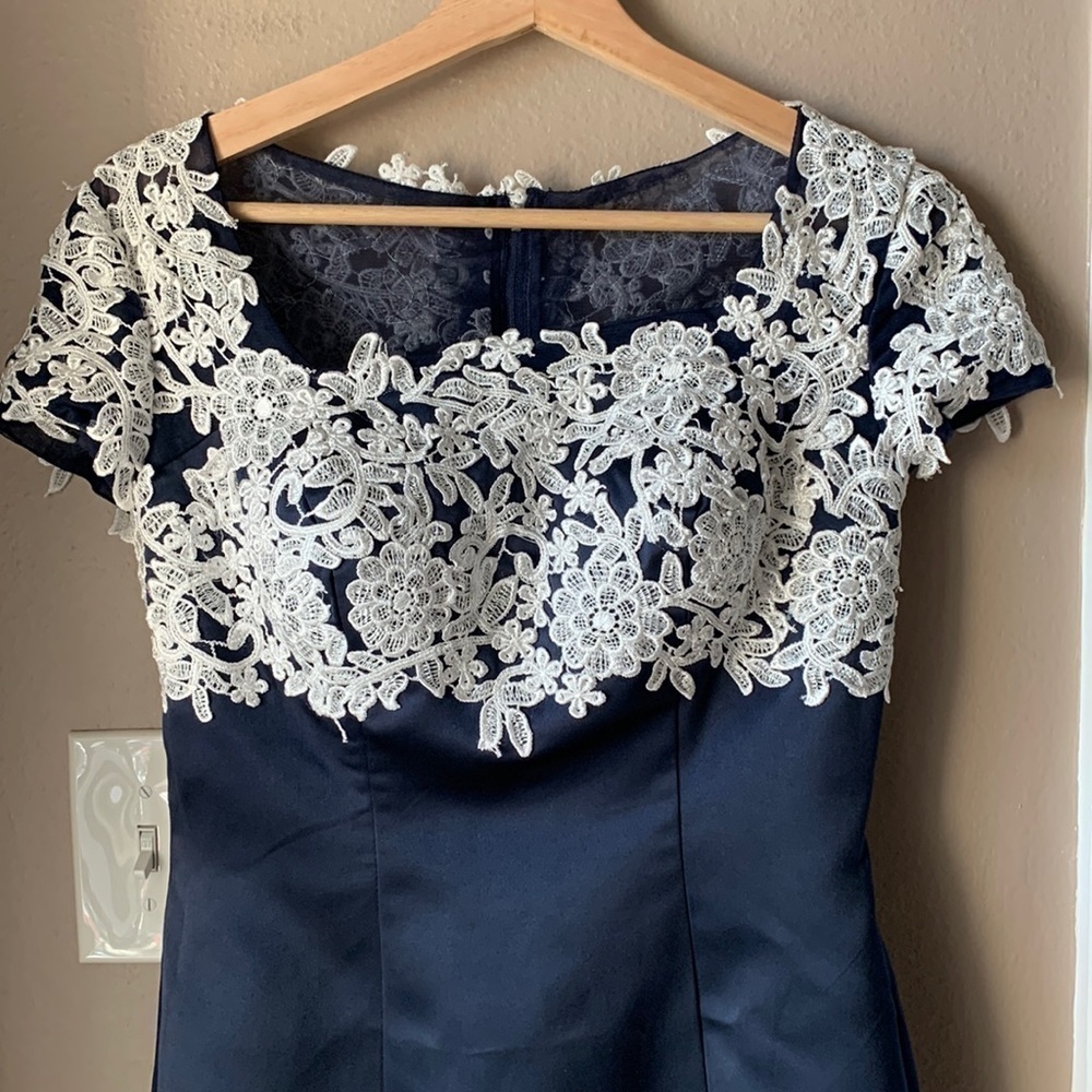DYLAN QUEEN Appliqué Satin Midi Dress with Asymmetrical Neckline